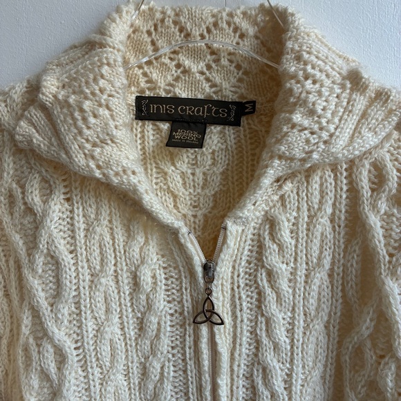 Inis Crafts Cardigan Merino Wool Cable Knit Cream Size Medium - Picture 6 of 6